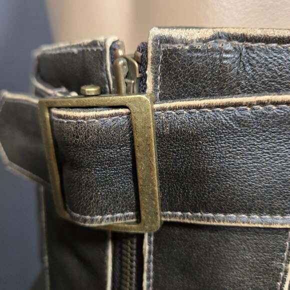 Y2K Brown leather Mini Skirt Size M Belted Zip Front Distressed Lined - Picture 6 of 10